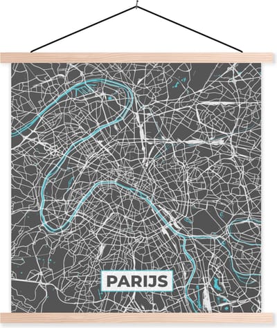 Posterhanger incl. Poster 40x40 cm - Schoolplaat - Parijs - Stadskaart - Blauw - Kaart - Plattegrond - Textielposter - Blanke latten - Stadskaart