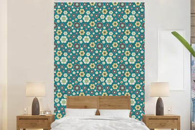 Behang - Fotobehang Retro - Bloemen - Patronen - Blauw - Breedte 200 cm x hoogte 300 cm