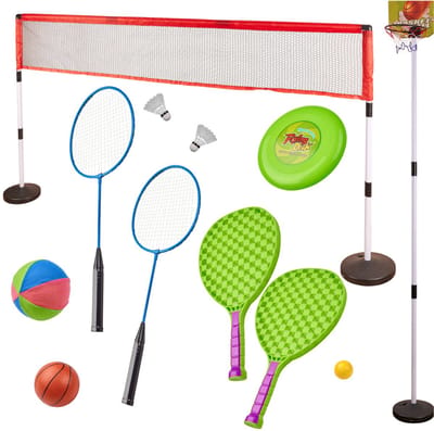 Playos® - 5 in 1 Sportset - Basketbal, Tennis, Badminston, Volleybal en Frisbee - Inclusief Accessoires - Buitenspeelgoed - Strandspeelgoed - Sport - Buitenspeelgoedset - Bewegen