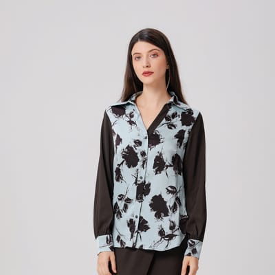 Overhemd met bloemenprint van twee materialen