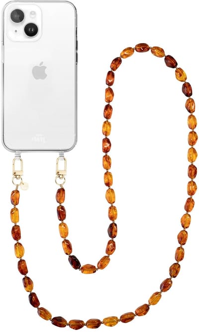 xoxo Wildhearts telefoonhoesje geschikt voor iPhone 13 - Honey Flame (lang koord) - siliconen hoesje met koord - Backcover met telefoonkoord - Telefoonhanger stenen ketting - Bruin / Oranje