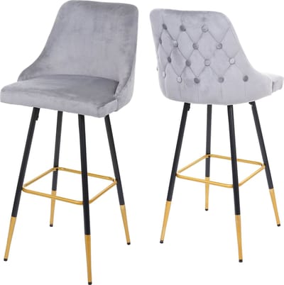 Set van 2 barkrukken MCW-E70, barkruk tegenkruk, retro design fluwelen gouden stokjes/pootjes ~ grijs