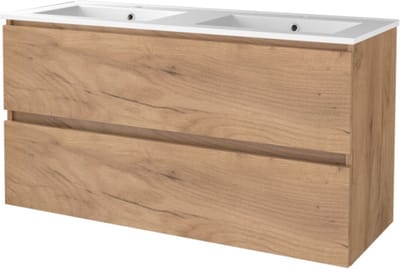 Basic Start 46 badmeubelset met greeploze wastafelonderkast, 2 lades en porseleinen wastafel met 2 kraangaten 120 x 46 cm, whisky oak