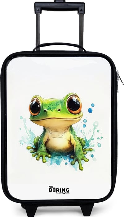 NoBoringSuitcases.com® - Kinderkoffer jongen - Kindertrolley meisje - Groene kikker met grote ogen op witte achtergrond - Koffer kind lichtgewicht - Reiskoffer trolley voor kinderen - Koffertje met lichtgevende wieltjes - Rolkoffer zwart