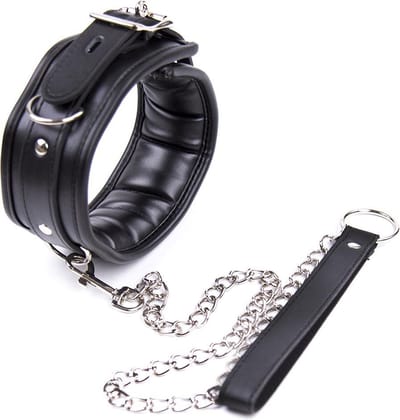 Banoch | Collar & Leash Silver | Zwarte Halsband met Zilverkleurige Riem | Verstelbare Bondage Halsband | PU Leer | BDSM