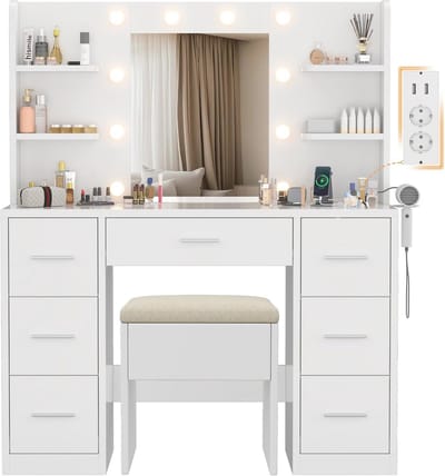 Groot Make-up Tafel met Spiegel en Verlichting - Modern Design met LED Verlichting, Verstelbare Helderheid, 7 Laden en 6 Planken