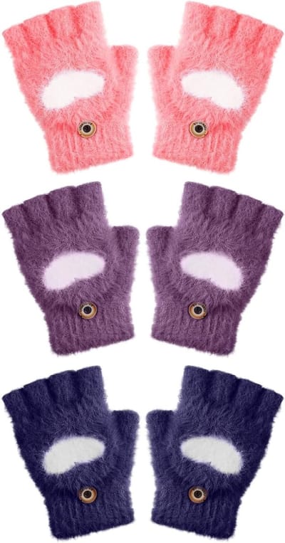 3 Paar Wandelhandschoenen voor Kinderen van 5-10 Jaar met Flip Lid - Paars, Marineblauw en Rood, One Size, Comfortabel en Duurzaam