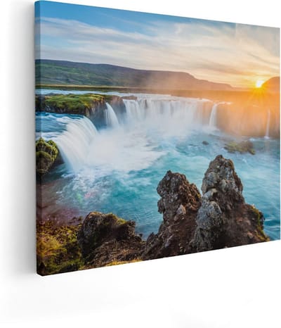 Artaza Canvas Schilderij Landschap IJsland - 50x40 cm - Wanddecoratie Waterval - Muurdecoratie Zon - Schilderijen Op Canvas Natuur