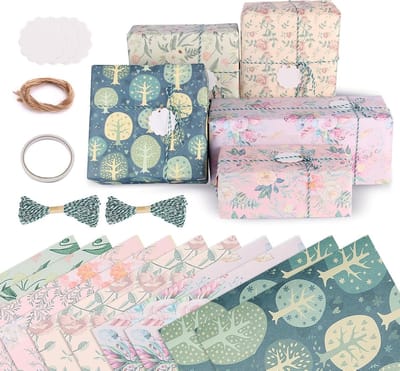 10 Vellen Cadeaupapier Set met Vintage Bloemen, Jute Touw en Kraft Papieren Hangers voor Verjaardagen, Bruiloften en Feestelijke Gelegenheden
