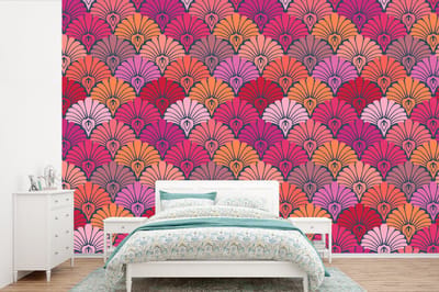 Behang - Fotobehang Patronen - Art Deco - Roze - Bloemen - Breedte 360 cm x hoogte 240 cm