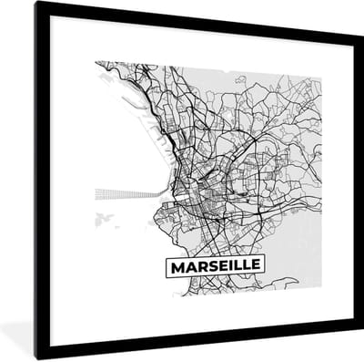 Fotolijst incl. Poster - Plattegrond - Marseille - Stadskaart - Kaart - Frankrijk - 40x40 cm - Posterlijst