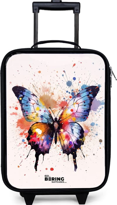 NoBoringSuitcases.com® - Kinderkoffer jongen - Kindertrolley meisje - Vlinderexplosie - Koffer kind lichtgewicht - Reiskoffer trolley voor kinderen - Koffertje met lichtgevende wieltjes - Rolkoffer zwart