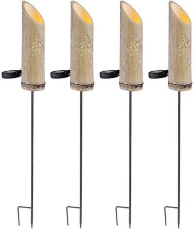 Steeklamp bamboe solarlamp grondspies solar, decoratieve geponste gaatjes, groen, LED warm wit, DxH 12x79,5 cm, set van 4