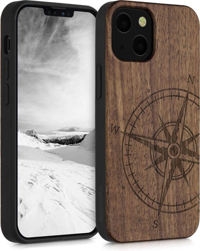 kwmobile telefoonhoesje geschikt voorApple iPhone 13 mini - Hoesje met bumper - hout - In donkerbruin Vintage Kompas design
