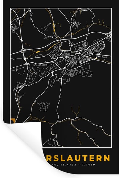 Muurstickers - Sticker Folie - Kaiserslautern - Black and Gold - Stadskaart - Plattegrond - Kaart - Duitsland - 20x30 cm - Plakfolie - Muurstickers Kinderkamer - Zelfklevend Behang - Zelfklevend behangpapier - Stickerfolie