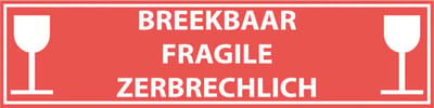 Breekbaar 3-talig sticker, oranje wit 200 x 50 mm