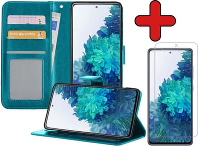 Hoesje - Met Screenprotector - Geschikt voor Samsung Galaxy S20 FE - Luxe Pasjeshouder - Flipcase - Bookcase Portemonee - Flip Case - Kunstleer Book Case - Book Cover - Walletcase - Portemonneehoes - Telefoonhoes - Turquoise