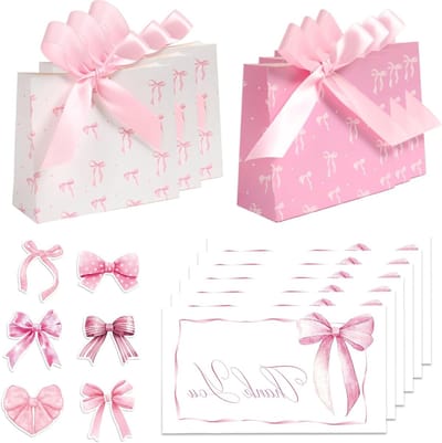 Set van 6 geschenkzakjes met bedankkaarten en stickers in wit en roze voor bruiloften, feestjes en kinderverjaardagen