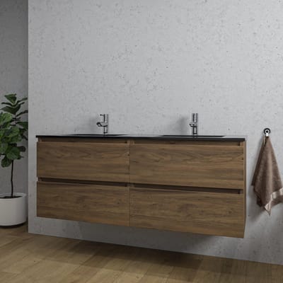 Saniclass Chaci Badkamermeubelset - 140x46x55cm - keramische wastafel zwart - 2 wasbakken - 2 kraangaten - 4 lades - gemêleerd noten (hout)