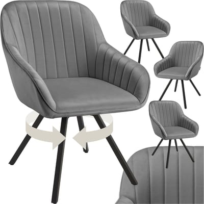 tectake® - Draaibare eetkamerstoel met armleuningen - Ergonomische kuipstoel met fluwelen bekleding - Gewatteerd - Draaistoel voor woonkamer, eettafel, studeerkamer, kaptafel en keuken - Set van 4 - Grijs