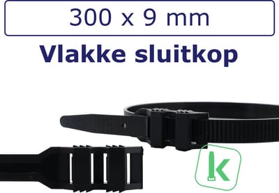 PRO-TIE® - Tyraps, kabelbinders met dubbele platte sluitkop en buitenvertanding (Extra Sterk) 300 x 9,0 mm Zwart UV-Bestendig (Zak 100 stuks) (tiewrap/tyrap/tie-wrap/bundelbandje/colsonbandje/)