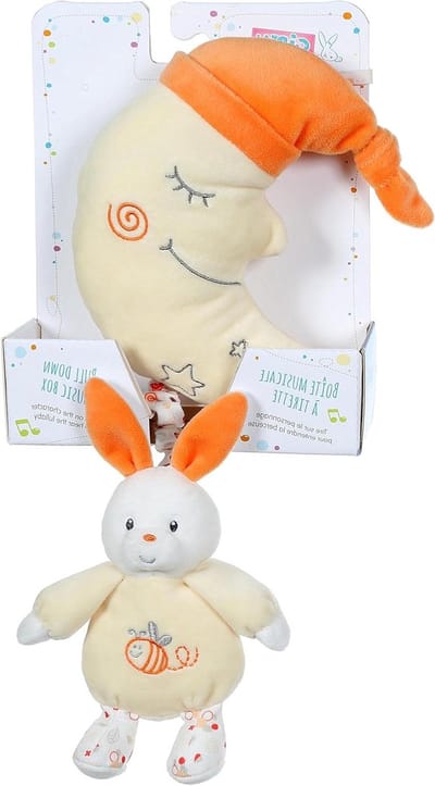 Speeldoos konijntje - Muziekdoosje knuffel - Babykamer decoratie - Zacht pluche materiaal - 19 x 7 x 36 cm - Geel