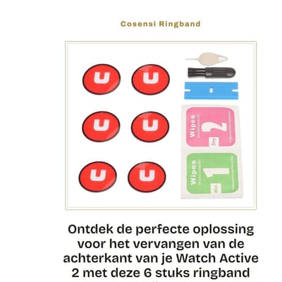 Dailygoods- Ringband 6 Stuks - Achterkleplijm - Voor Watch Active 2 - Kunststof - Inclusief Plastic Mes - Reinigingspapier - Horloge Lijm