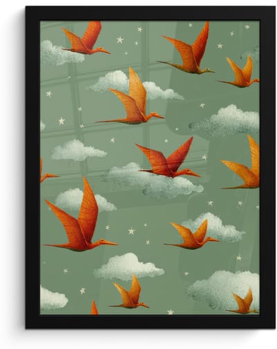 Poster in lijst - Fotolijst 30x40 cm - Posters - Dinosaurussen - Wolken - Sterren - Oranje - Posterlijst zwart - Decoratie - Wanddecoratie woonkamer - Muurdecoratie slaapkamer