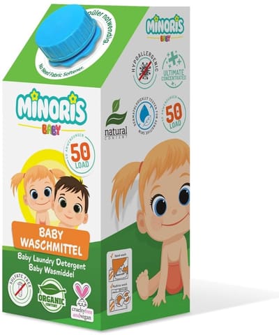 Minoris Baby Wasmiddel, 50 Wasbeurten, 1L – Hypoallergeen, Biologisch, Vegan, Dierproefvrij, Zacht voor Gevoelige Huid, Biologisch Afbreekbare Formule, Geconcentreerde Natuurlijke Babytextielreiniger