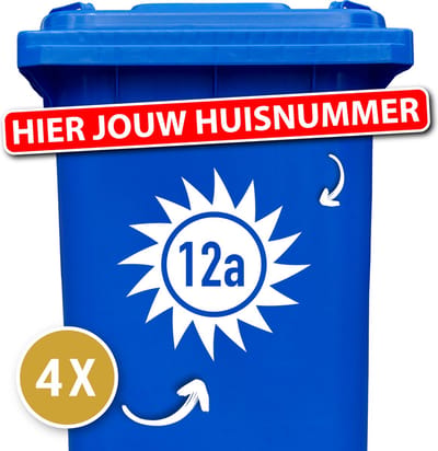 Container Sticker Huisnummer + Zon 4 Stuks - wit - 20 x 20 cm - kliko Sticker Voordeelset - Containerstickers - Weerbestendige Stickers - Stickers Buiten - Cijfer Sticker - Kliko Sticker Huisnummer - Brievenbus Sticker