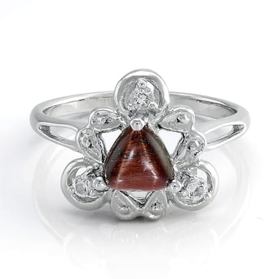 Cavill - Zilveren Damesring 925 Sterling Zilver - 0,81 ct Rode Triljant Tijgeroog en 0,12 ct Witte Topaas - Elegant Bloemdesign Ring Maat 17