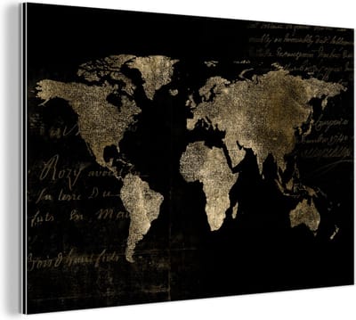 Aluminium schilderij 150x100 cm - Wanddecoratie metaal - Wereldkaart - Goud - Vintage - Metalen muurdecoratie woonkamer - Decoratie industrieel - Foto op dibond - Industriële accessoires slaapkamer