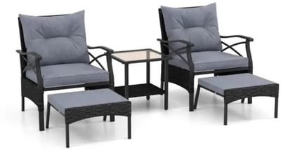 Dailygoods 5-delige terrasmeubilairset, rotan tuinloungeset met 2 stoelen, 2 ottomanen en 1 salontafel met blad van geha