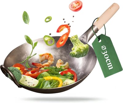 Wok platte bodem 30 cm koolstofstaal handgehameerd inductie geschikt houten handvat