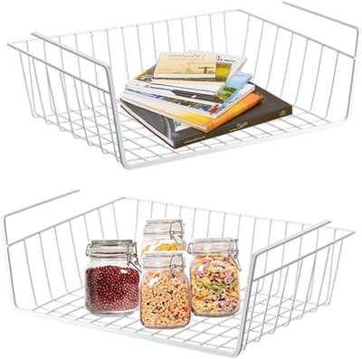 Famanu – Opbergmand onder plank - hangende metalen draad opbergmand - organizer voor onder plank - verwijderbaar voor keuken - kasten - planken - kast - badkamer - kantoor (2 stuks wit)