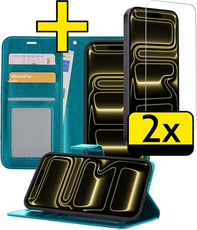 Hoesje - Met 2x Screenprotector - Geschikt voor Apple iPhone 17 Pro - Luxe Pasjeshouder - Bookcase Portemonee - Flip Case - Kunstleer Book Case - Flipcase Hoes - Book Cover - Walletcase - Portemonneehoes - Telefoonhoesjes - Turquoise