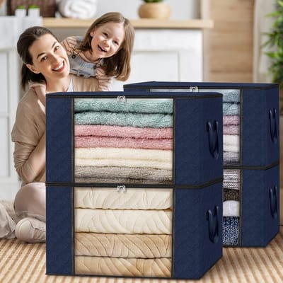 Opbergzakken Set - Deken Opbergers - Kleding Opslag - Versterkte Handgrepen - 10 Stuks 60L - Blauw