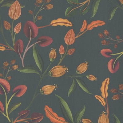 Bloemen behang Profhome 782112-GU vliesbehang hardvinyl warmdruk in reliëf glad met bloemmotief mat antraciet groen oranje wijnrood 5,33 m2
