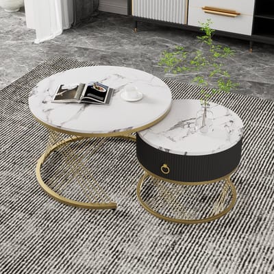 Sweiko Salontafel, Woonkamer tafel, Sofa tafel, Marmer uiterlijk, Gouden decoratie, bijzettafel met laden (set van twee), Wit