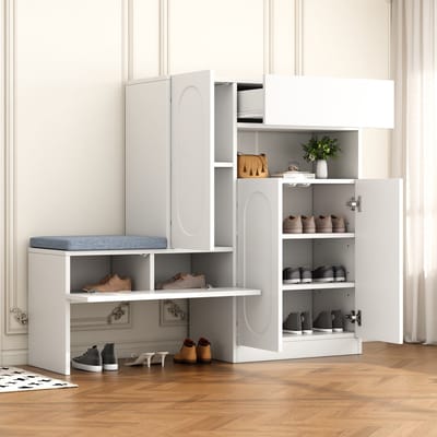 REDOM - Schoenenkast - 2-in-1 met zitbank - verstelbare planken en open vak - greeploze deuren met soft-close - moderne stijl - Hal - spaanplaat - Wit - 130 x 35 x 110 cm