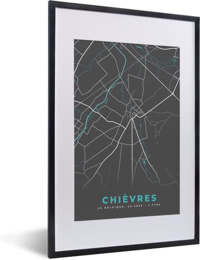 Fotolijst incl. Poster - Stadskaart – Grijs - Kaart – Chièvres – België – Plattegrond - 40x60 cm - Posterlijst