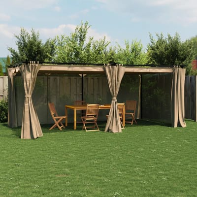 Vidaxl Tuinpaviljoen Met Gordijnen, Kleur Taupe, 6X3 M, Staal