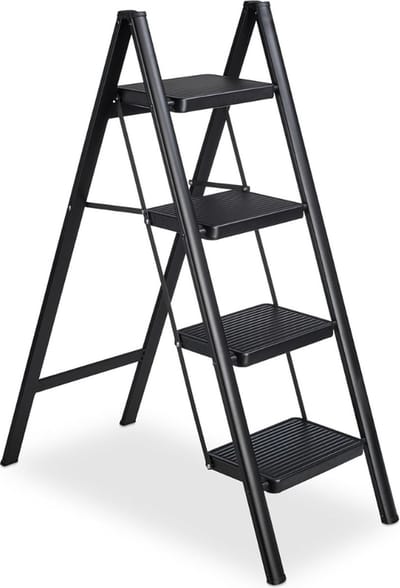 Buxibo - Keukentrapje/Vouwladder 4 Staps - Keukenopstapje - Opvouwbare ladderkruk - Trapladder - Anti-Slip - Metaal - Zwart