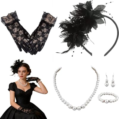 Zwarte Fascinator Hoed Set voor Vrouwen - 6-delige Vintage Haaraccessoire met Hoofdband, Vaal, Handschoenen, Ketting, Armband en Oorbellen voor Feest, Bruiloft en Thema Evenementen