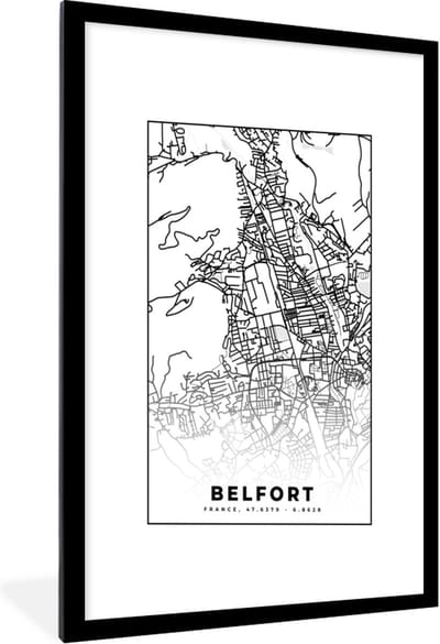 Fotolijst incl. Poster Zwart Wit- Stadskaart - Belfort - Plattegrond - Kaart - Frankrijk - Zwart wit - 60x90 cm - Posterlijst