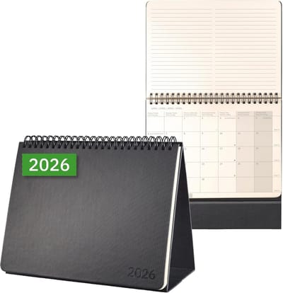 Tischkalender 2026 A5 Querformat mit Notizseiten - Luxus Agenda in Schwarz