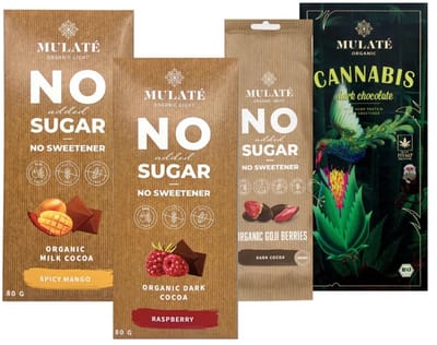 Mulate - 4 stuks verschillende smaken - Suikervrije Chocolade - Goji Puur - Spicy Mango Melk - Cannabis Puur - Framboos Puur - 100% biologisch
