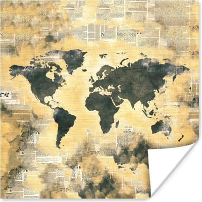 Poster 30x30 cm - Wereldkaart - Vintage - Kranten - Posters - Kamer decoratie - Wanddecoratie woonkamer - Muurdecoratie slaapkamer