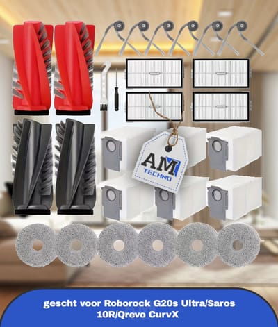 28-delige G20s Ultra Vervangingsonderdeel Accessoires voor Roborock G20s Ultra/Saros 10R/Qrevo CurvX met 2 Rode Rollers, 2 Zwarte Rollers, 4 Hepa, 6 Dweilen, 6 Stofzakken, 6 Bijrollen, 1 Schroevendraaier, 1 Reinigingsborstel, Onderhoudskit, Stofzuige