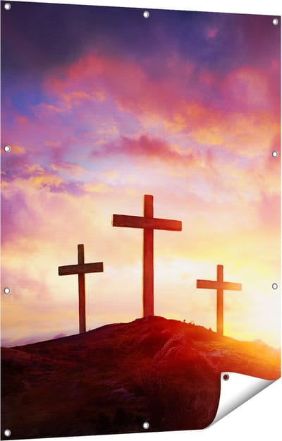 Gards Tuinposter Kruisiging van Jezus Christus - Drie Kruisen - 90x120 cm - Tuindoek - Tuindecoratie - Wanddecoratie buiten - Tuinschilderij